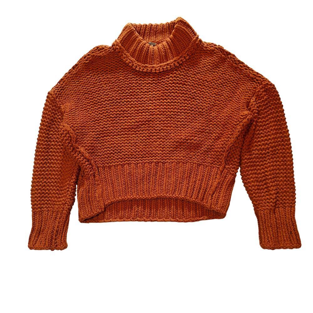 Free People Orange Chunky Knit Turtleneck Sweater Cropped Size M